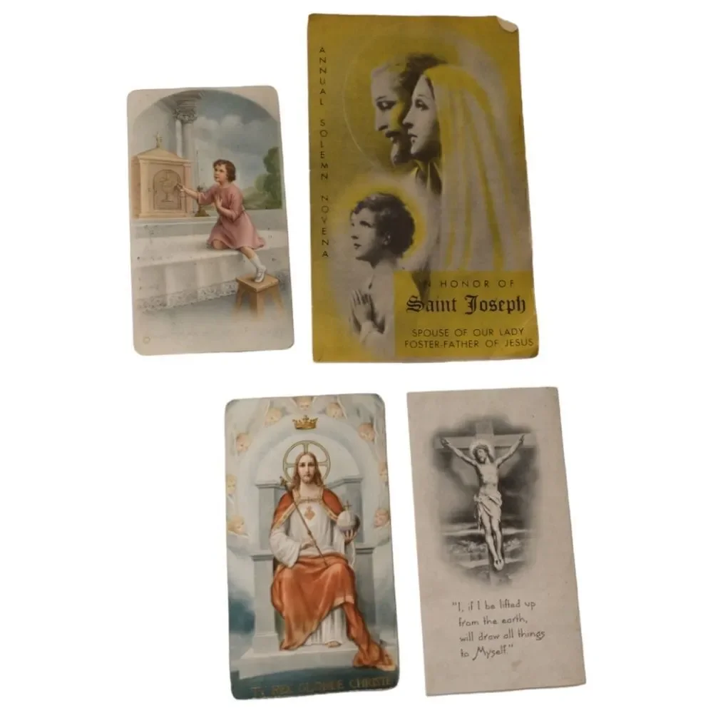 4 Vtg Catholic Prayer Cards Lot St Joseph Sacred Heart Jesus Crucifix Lithograph